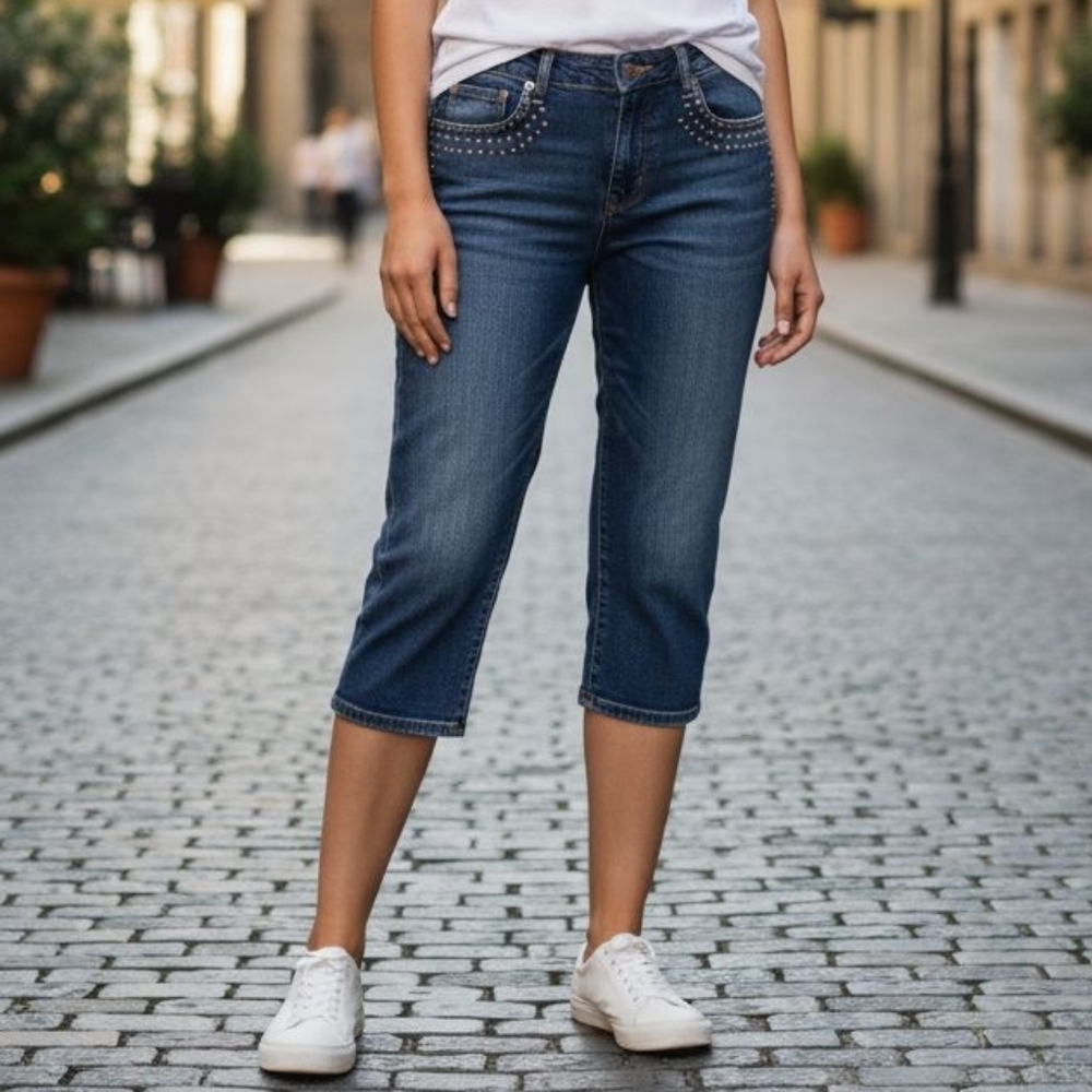 Y2K Baccini  Pearls & Silver Studs Embellished Capri Jeans